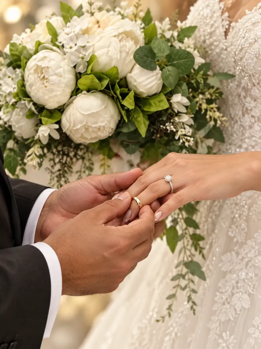 Wedding ring exchange with ivory bouquet