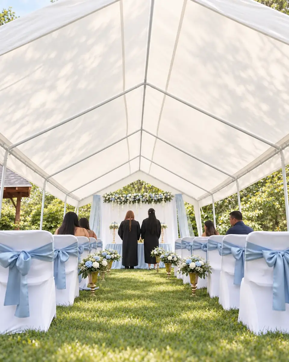 Two officiants at a blue and white outdoor ceremony