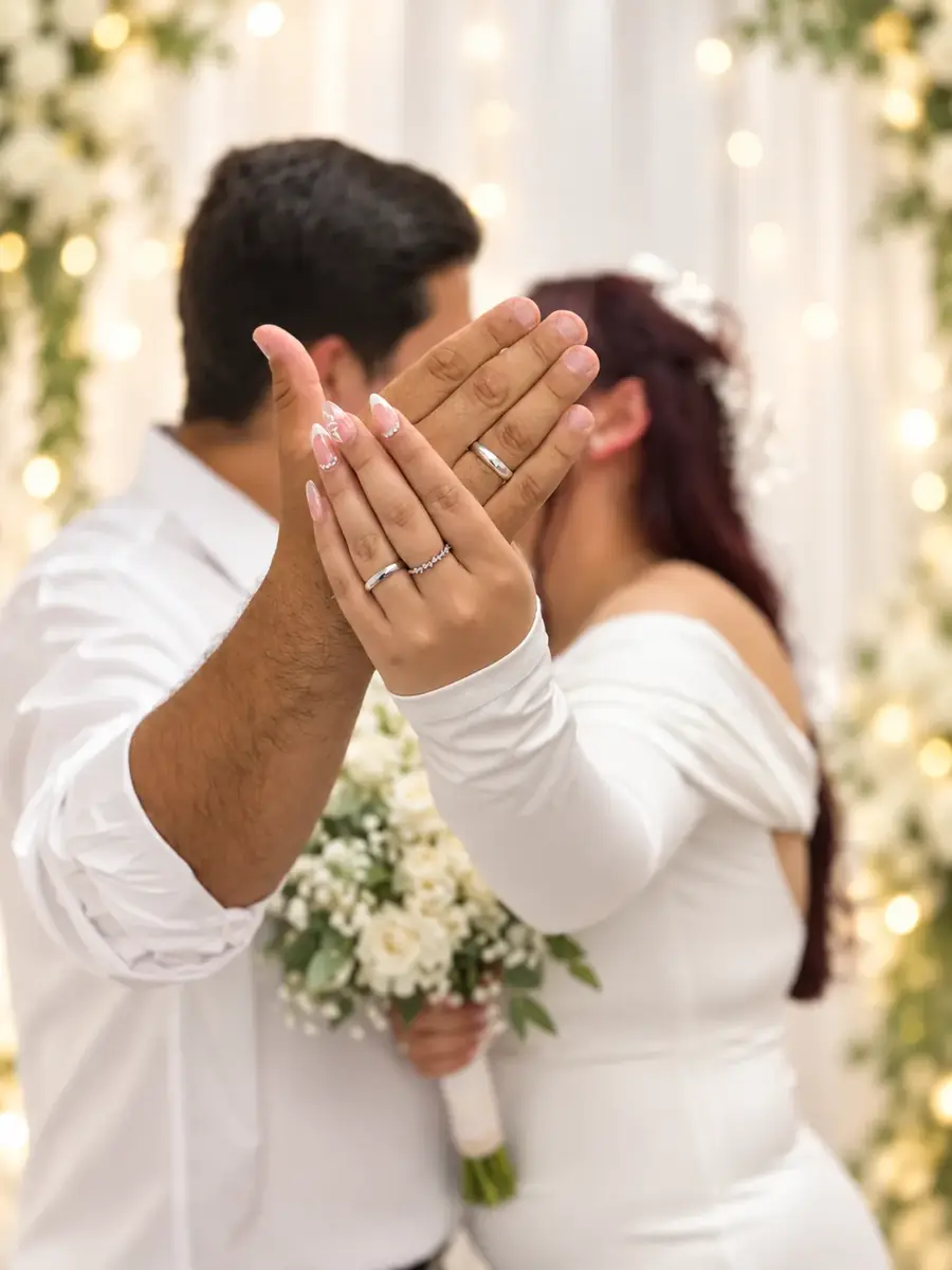 Couple kissing while showing their wedding rings