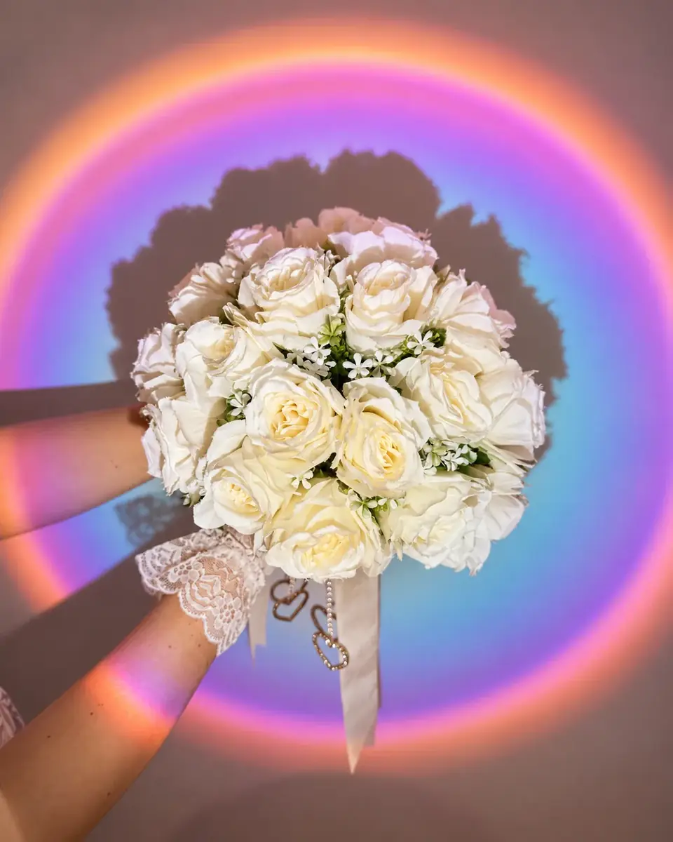 White bridal bouquet with colorful circular lighting