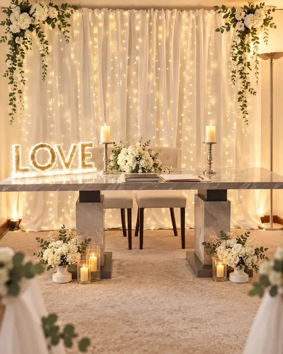 Indoor ceremony space with lights and LOVE decor
